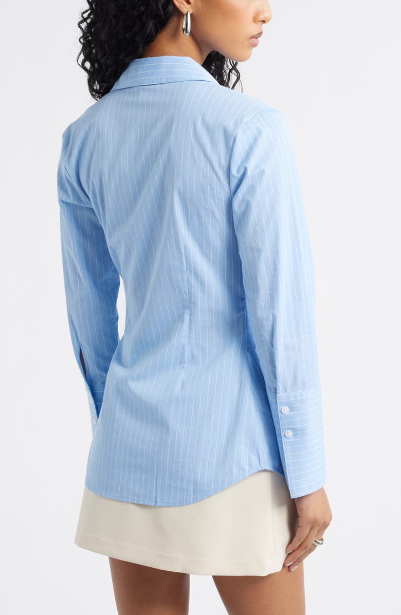 Open Edit Pinstripe Button-Up Tie Waist Poplin Top, Alternate, color, Blue- Ivory Vertical Pin