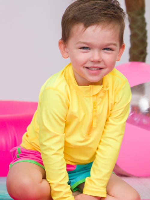 Ruggedbutts Boys Upf50+ Sun Protected Zipper Long Sleeve Rash Guard In Neon Yellow