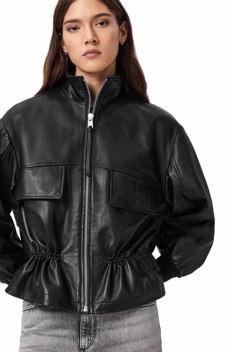 AllSaints Flor Leather Peplum Jacket, Alternate, color, Black
