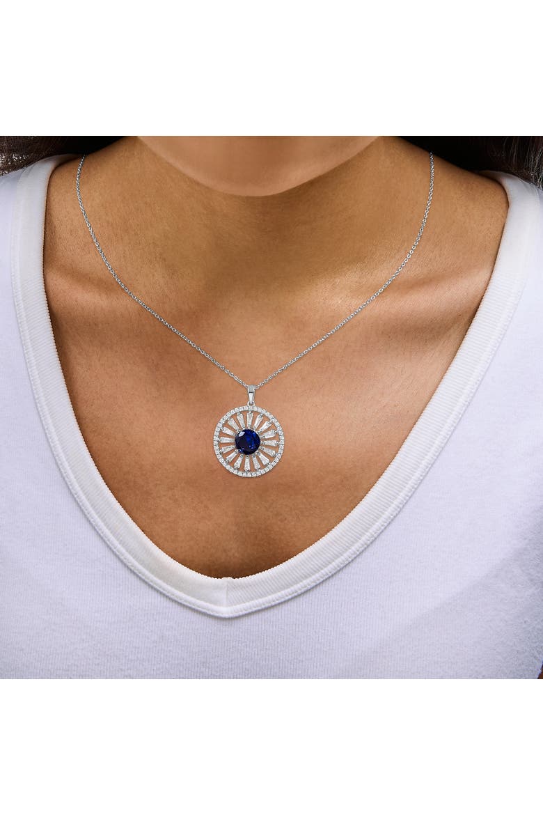 Sterling Silver Lab Grown Sapphire and 1.0 Cttw Baguette Diamond Medallion Pendant Necklace, Alternate, color, Silver