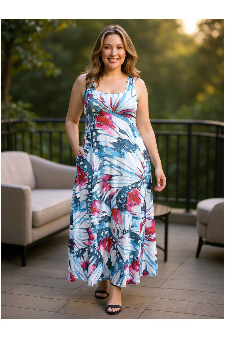 Plus Size Butterfly Sleeveless Scoop Neck A-Line Pocket Maxi Dress, Alternate, color, Blue Multi
