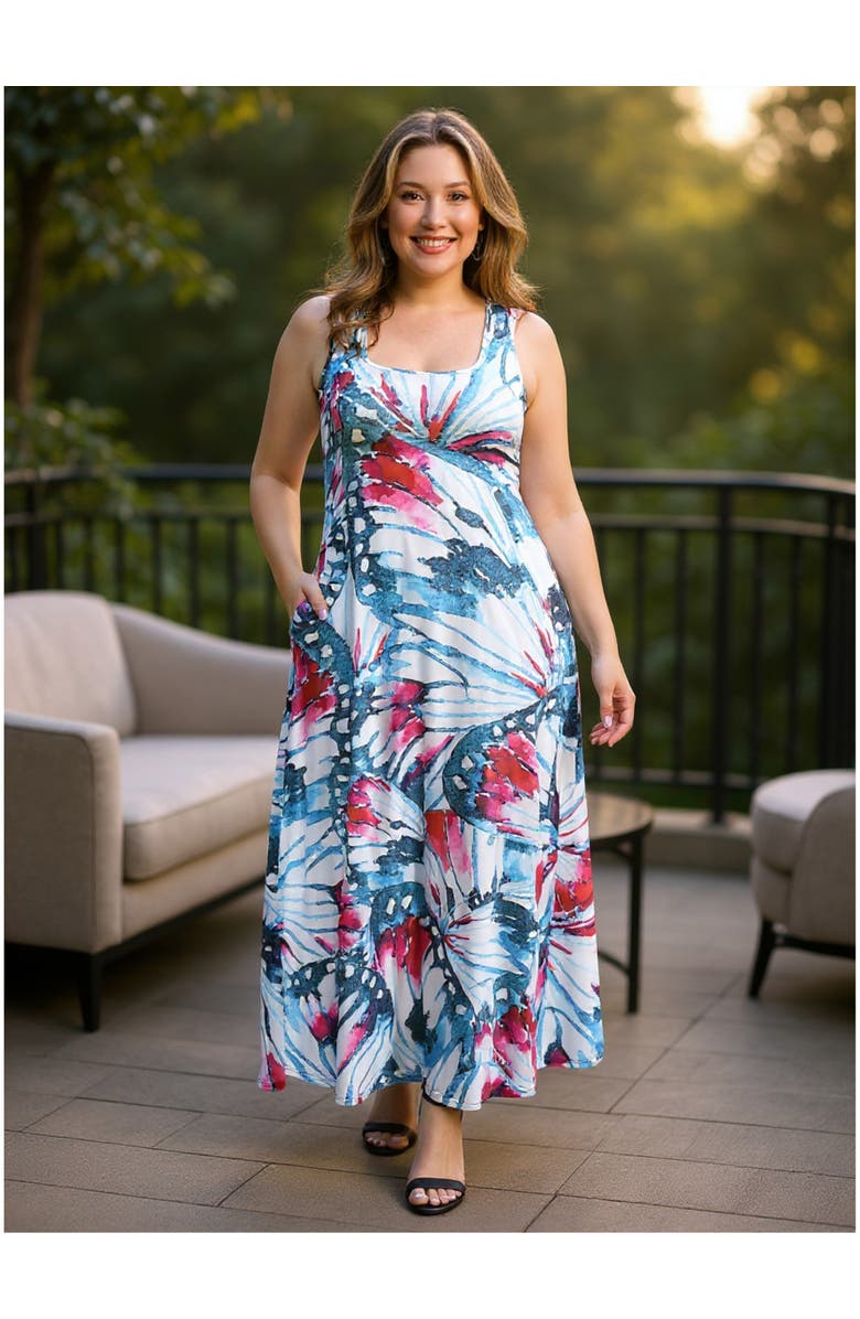 24seven Comfort Apparel Plus Size Butterfly Sleeveless Scoop Neck A-Line Pocket Maxi Dress, Alternate, color, Blue Multi