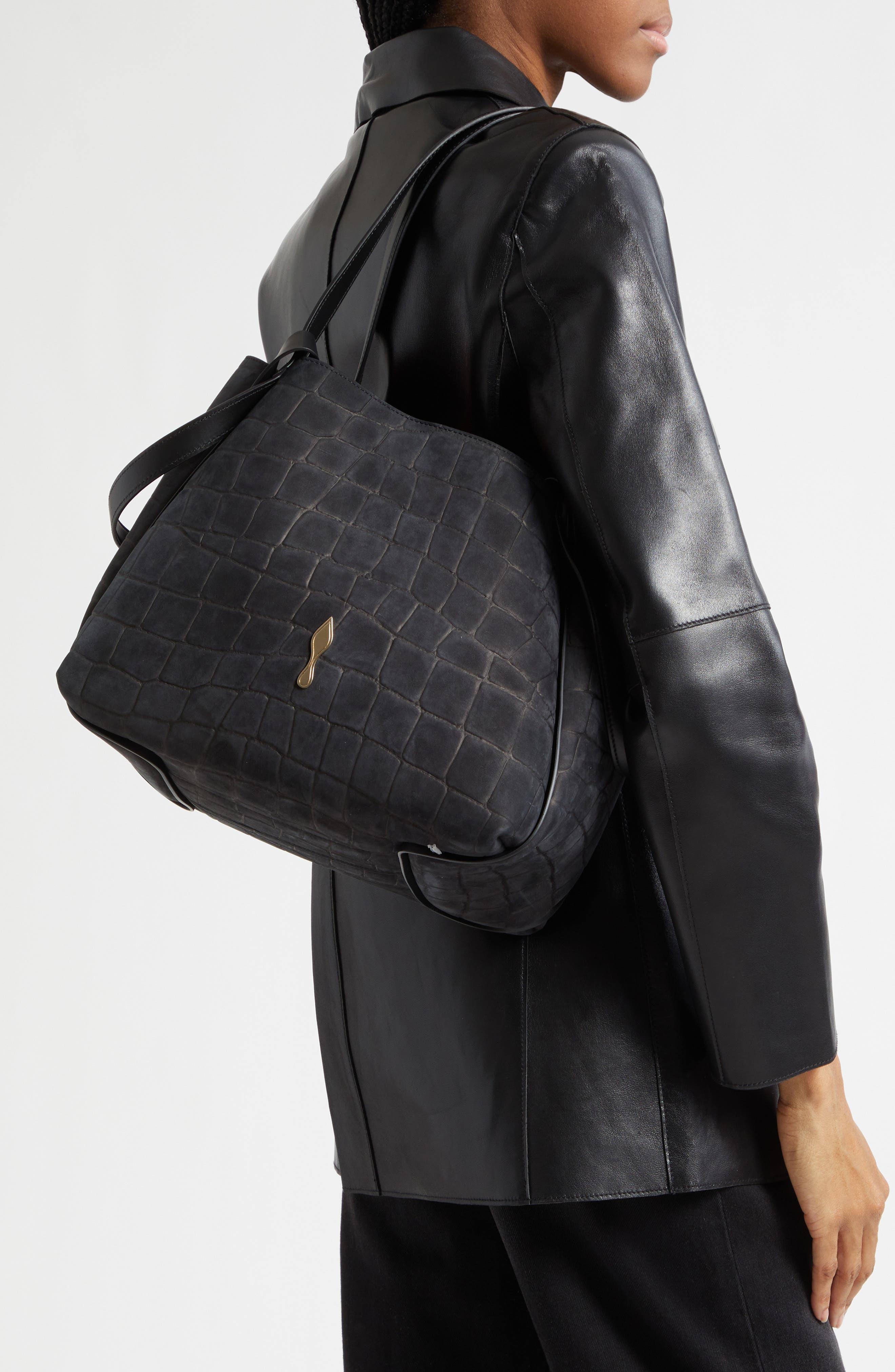 Small Bettina Croc Embossed Nubuck Leather Tote, Alternate, color, BK01 BLACK