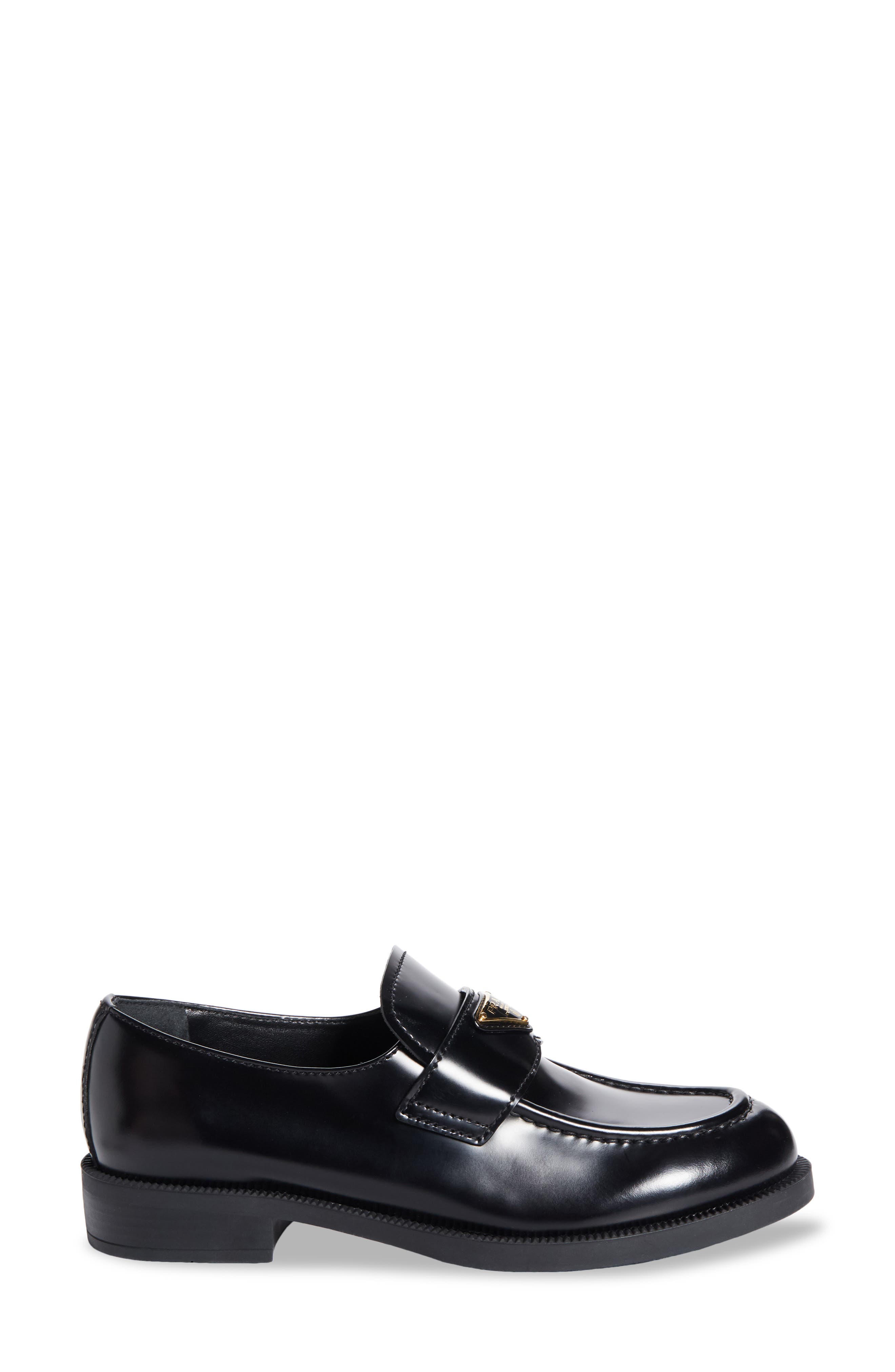 Prada Triangle Logo Patent Leather Loafer, Alternate, color, Nero