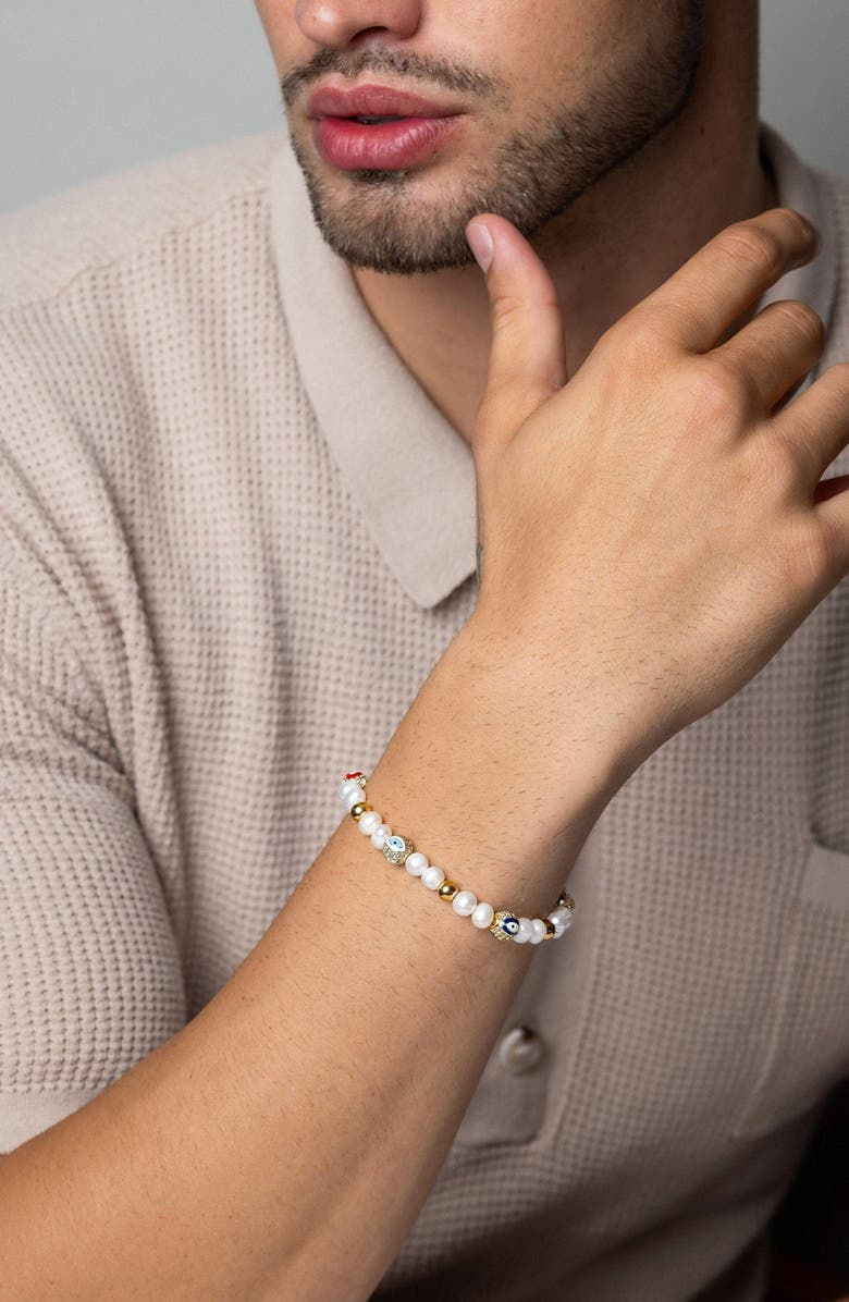 Nialaya Evil Eye Pearl Bracelet, Alternate, color, White