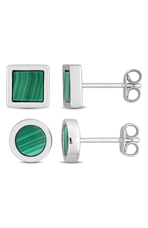 Men's Set of 2 Malachite Square Stud Earrings