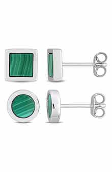 DELMAR Men's Set of 2 Malachite Square Stud Earrings