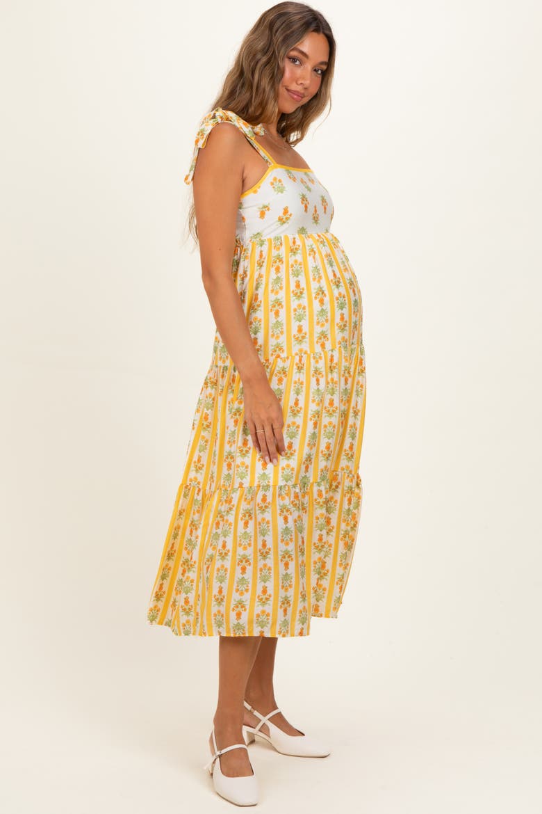 Striped Floral Shoulder Tie Midi Dress, Alternate, color, Yellow