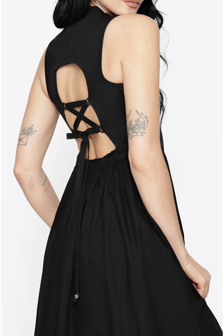 Morthira Open Back Lace Up Midi Dress, Alternate, color, Black