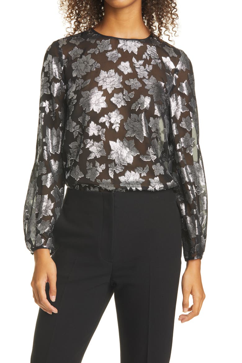 Metallic Pattern Silk Blend Blouse, Main, color, BLACK MIX/NOIR