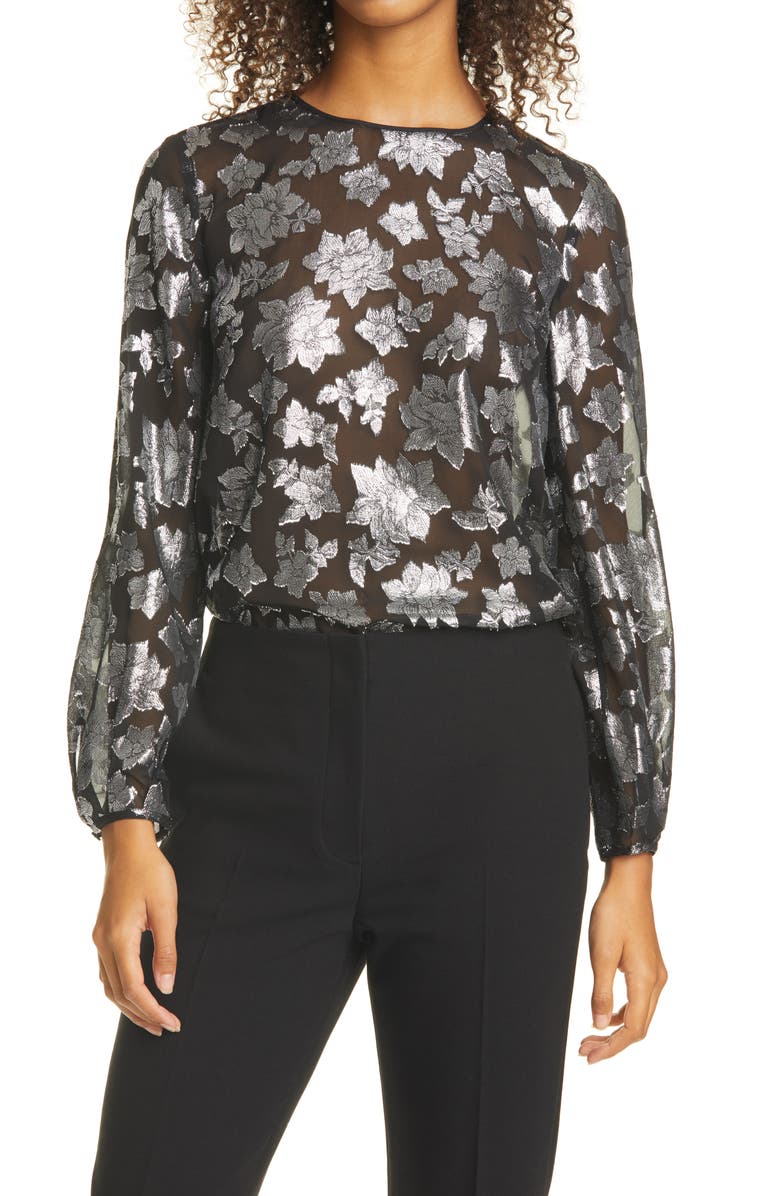 Club Monaco Metallic Pattern Silk Blend Blouse, Main, color, 