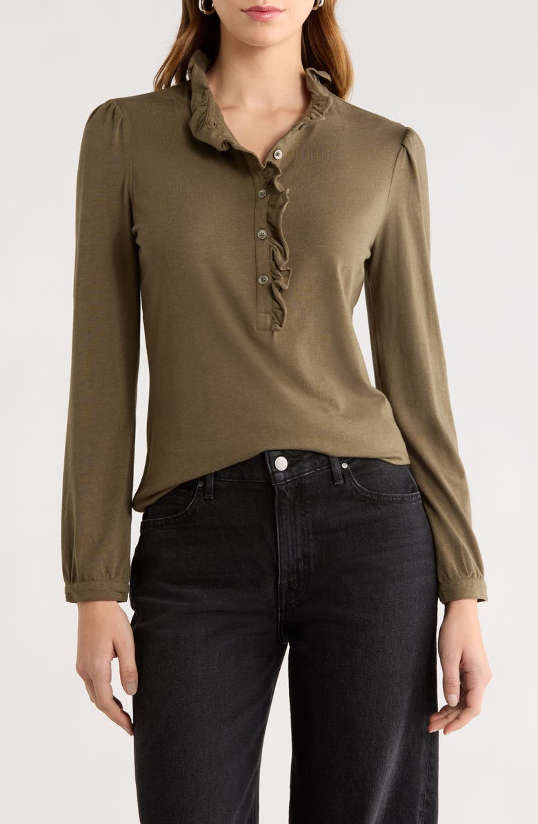 Caslon<sup>®</sup> Ruffle Detail Henley Shirt, Main, color, Olive Sarma