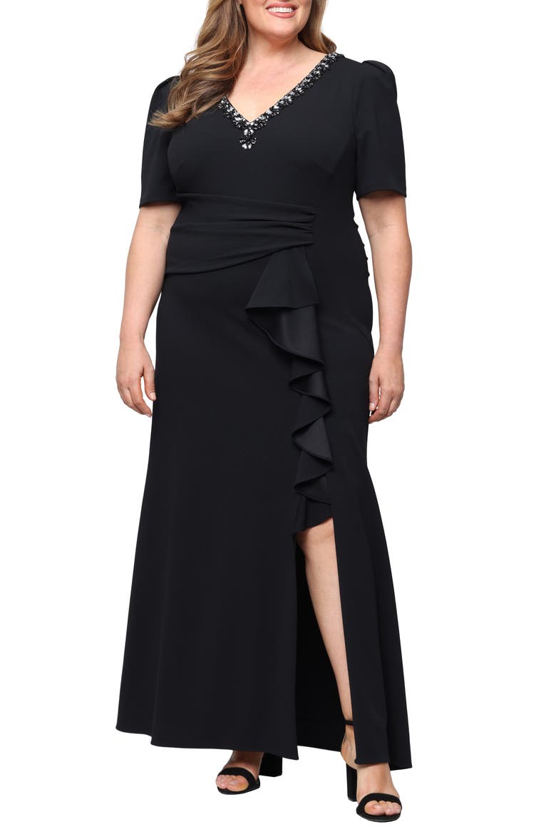 Embellished Stretch Crepe Gown, Main, color, BLACK