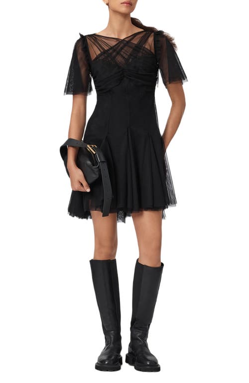 Allsaints Womens Black Madi Flutter-sleeved Woven Mini Dress In Black