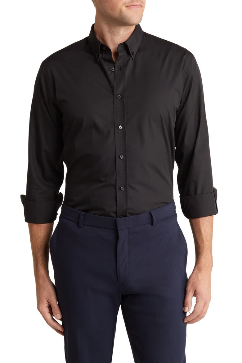 Trim Fit Button-Down Dress Shirt, Main, color, BLACK