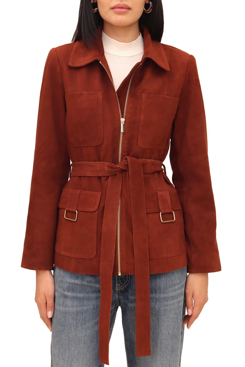 Tie Belt Genuine Suede Utility Jacket, Main, color, BRICK