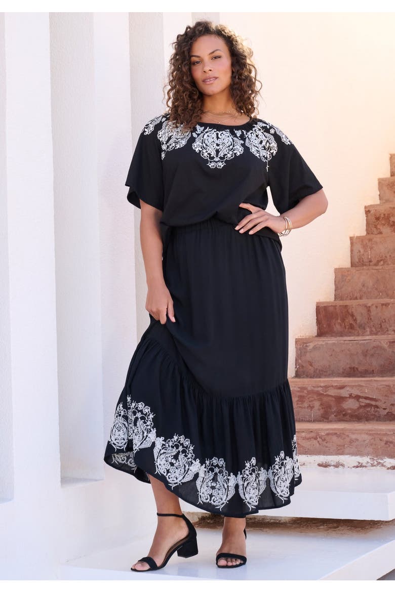 Ruffle Printed Tunic, Alternate, color, BLACK IVORY PAISLEY