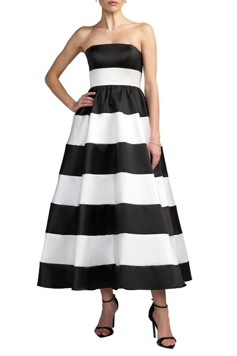 Strapless Mikado Striped Midi Dress With Pockets