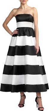 Mac Duggal Strapless Mikado Striped Midi Dress With Pockets