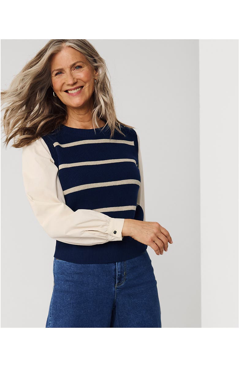 Lands' End Drifter Shaker Button Shoulder Sweater Vest with Poplin Sleeves, Alternate, color, Deep Sea Navy/Champagne Stripe