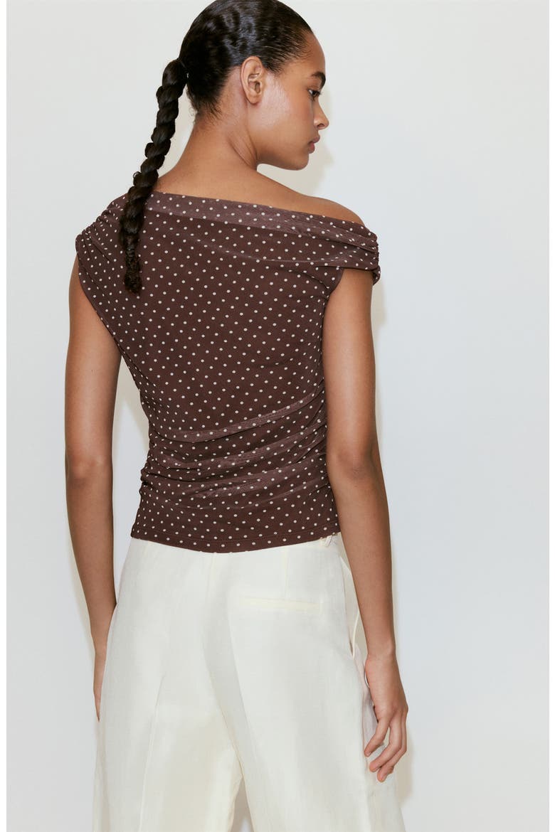 Asymmetrical Polka Dot Off the Shoulder Mesh Top, Alternate, color, BROWN