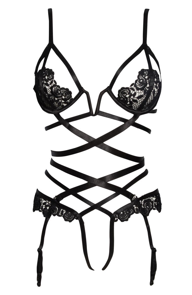 Roma Confidential Embroidered Lace Strappy Underwire Bra & Open Gusset Panties, Main, color, 