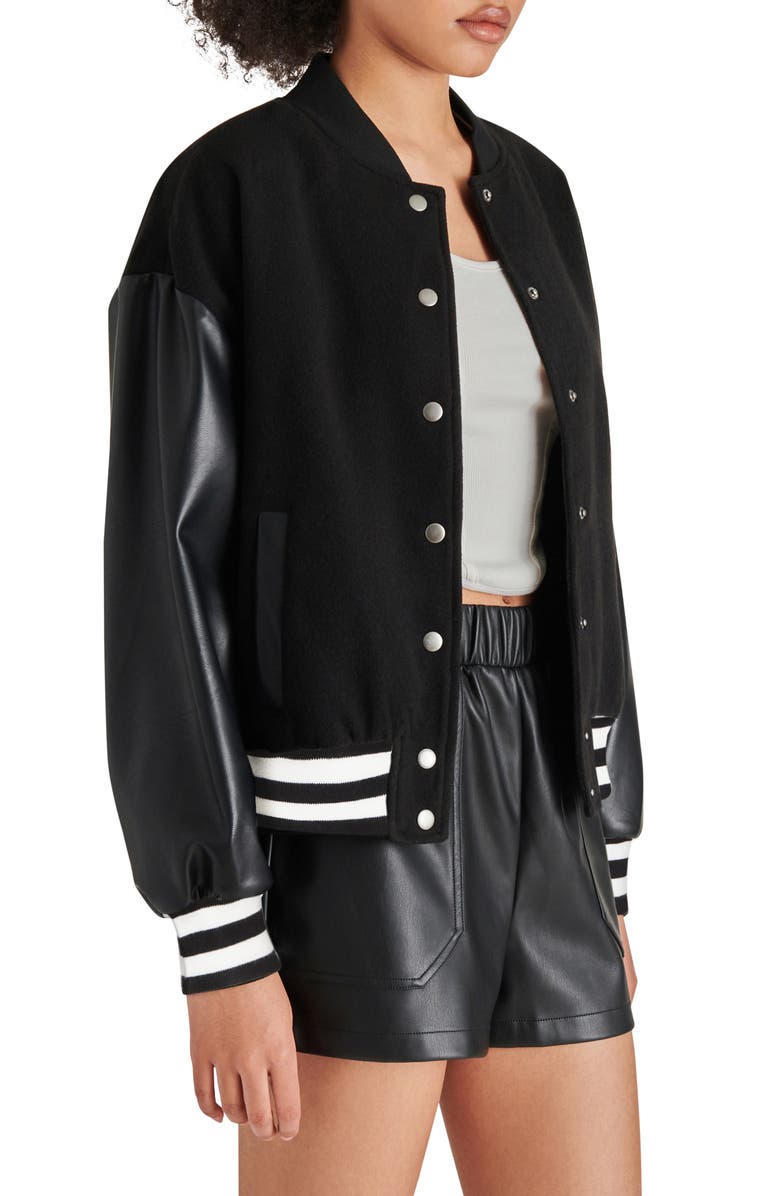 Steve Madden Alexandra Faux Leather Sleeve Varsity Jacket, Alternate, color, 