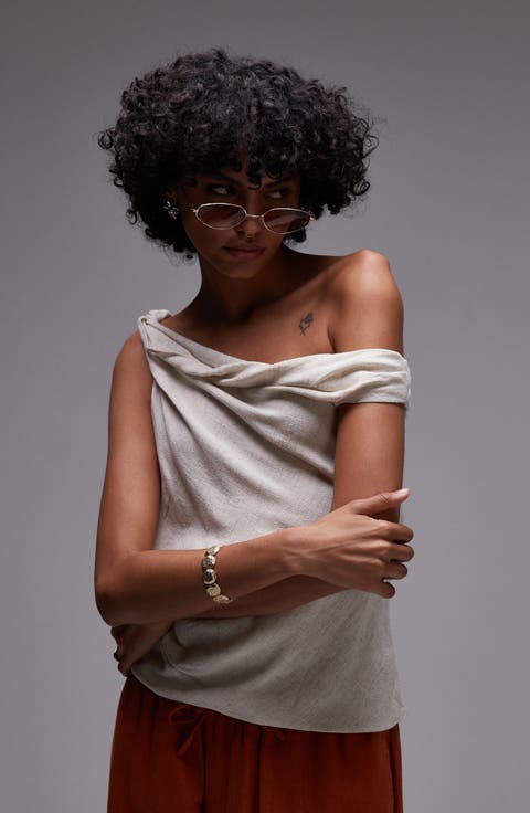 Twist Shoulder Asymmetric Woven Top