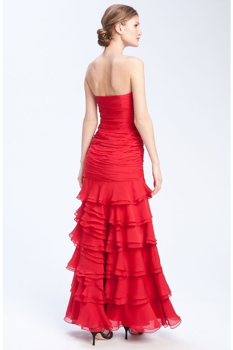 Ruched & Tiered Strapless Chiffon Gown, Alternate, color, SCARLET