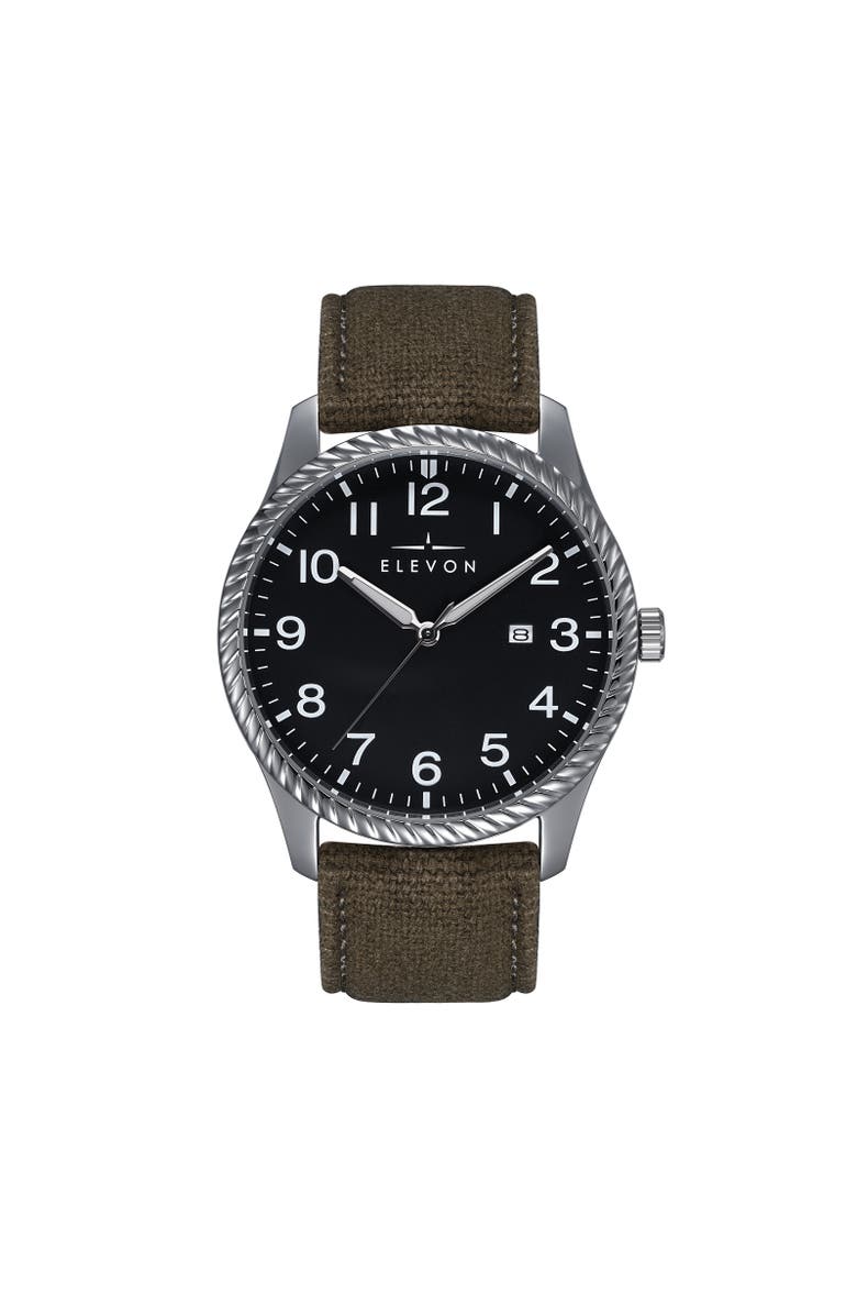 Elevon Crosswind Canvas-Overlaid Leather-Band Watch w/ Date, Main, color, Black/Olive
