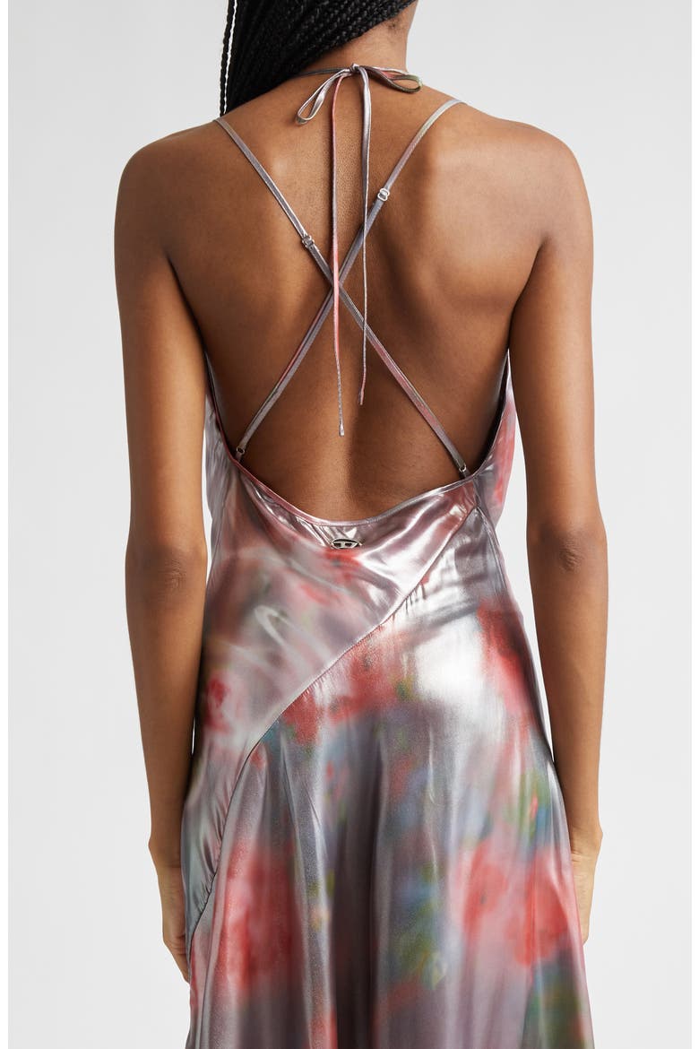 D-Ebra Halter Foiled Georgette Midi Dress, Alternate, color, BORDEAUX