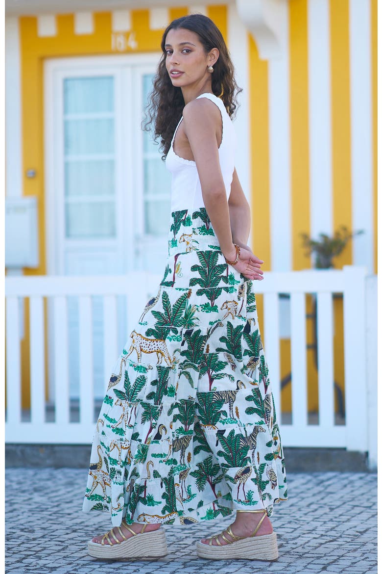 Animal Print Cotton Tiered Maxi Skirt, Alternate, color, White