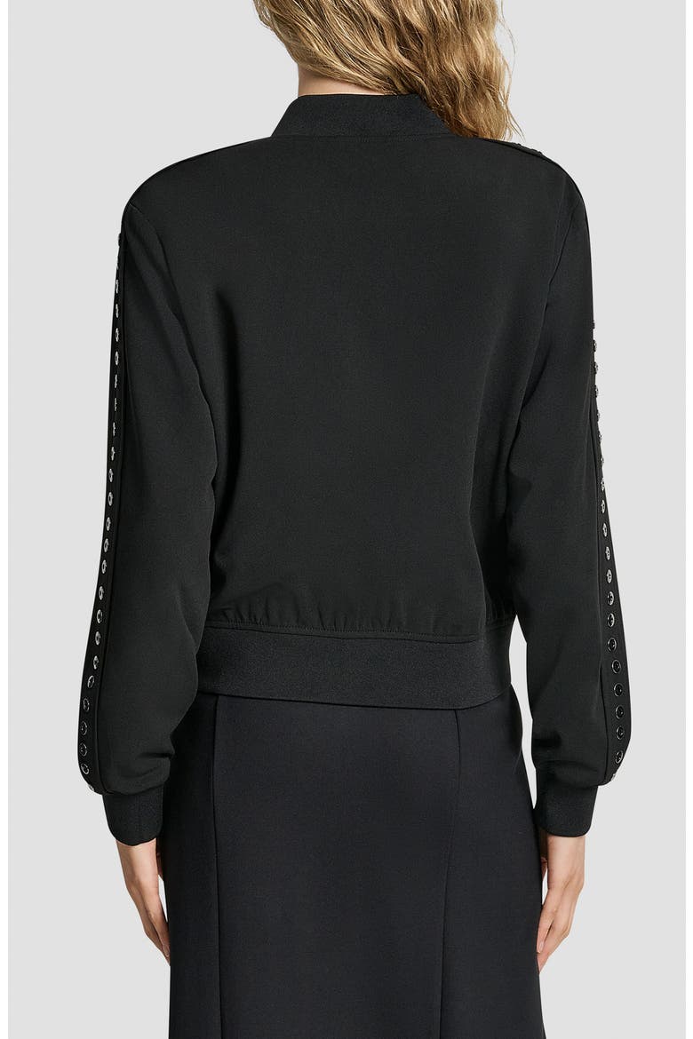 Grommet Trim Scuba Crepe Bomber Jacket, Alternate, color, BLACK