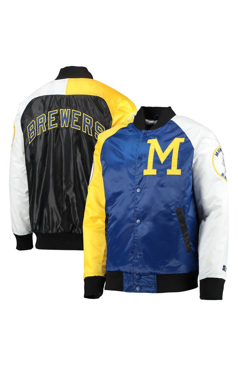 STARTER Men's Starter Royal/Gold Milwaukee Brewers Varsity Tri-Color Satin Full-Snap Jacket, Alternate, color, 