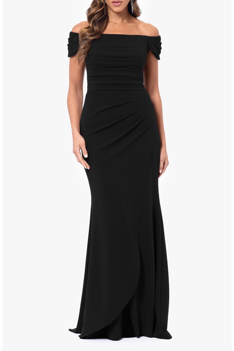 Ruched Off the Shoulder Scuba Crepe Trumpet Gown, Main, color, BLACK