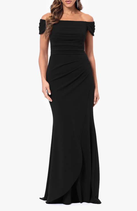 Ruched Off the Shoulder Scuba Crepe Trumpet Gown
