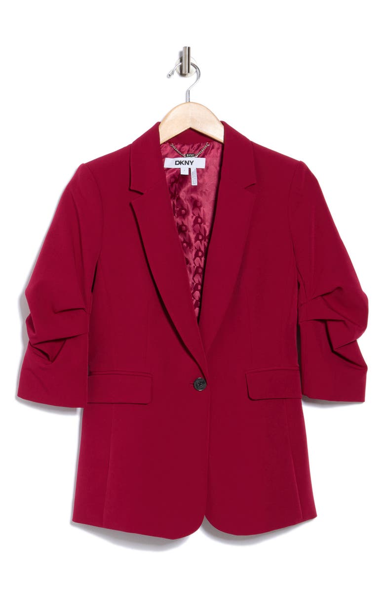 DKNY Ruched Sleeve One Button Blazer, Alternate, color, Beet