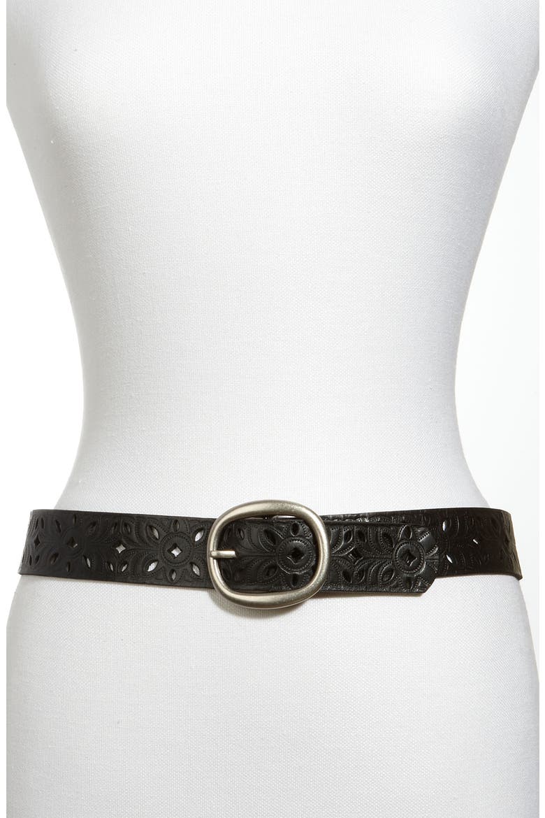 Perforated Leather Belt, Main, color, BLACK