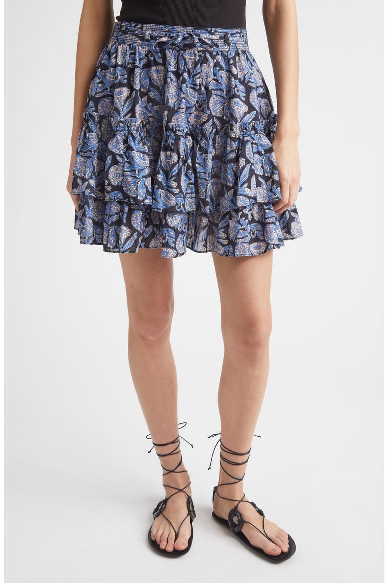 Arlin Paisley Floral Tiered Ruffle Cotton Blend Miniskirt, Main, color, ZINNIA
