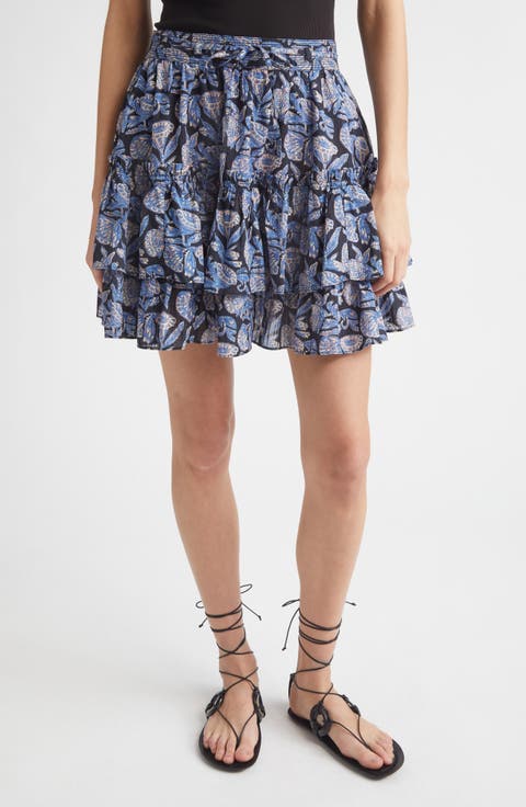 Arlin Paisley Floral Tiered Ruffle Cotton Blend Miniskirt
