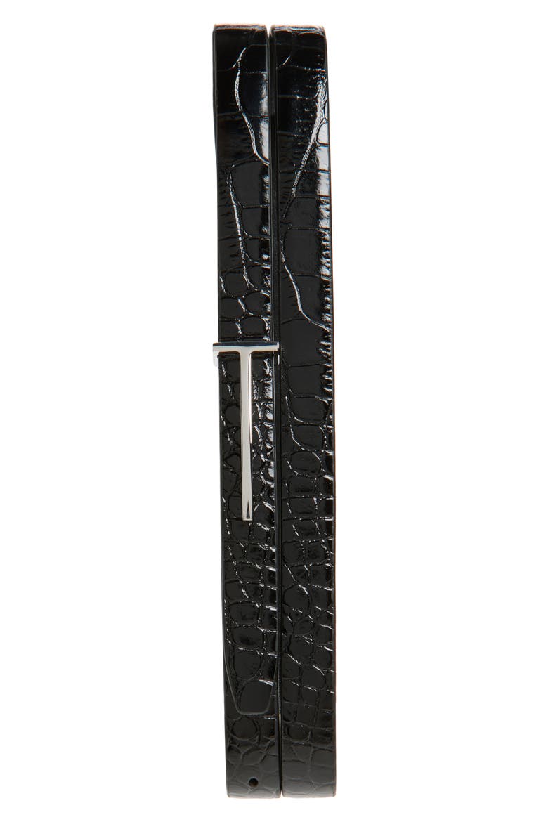 Croc Embossed Patent Leather Skinny Belt, Main, color, 1N001 BLACK