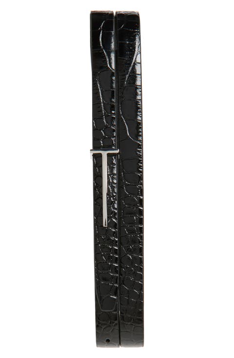 Croc Embossed Patent Leather Skinny Belt