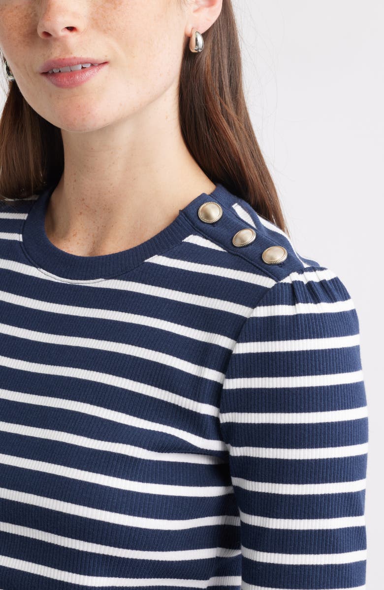 Caslon<sup>®</sup> Stripe Button Shoulder Long Sleeve Rib T-Shirt, Alternate, color, Navy- White Josephine Stripe