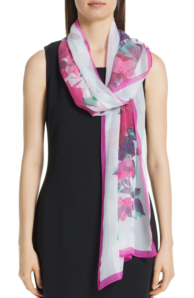 St. John Collection Blossom Print Silk Georgette Scarf, Main, color,