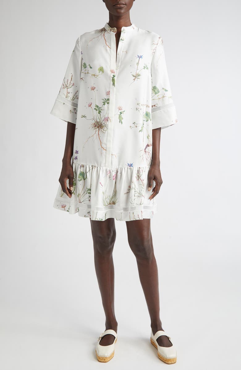Erdem Short Sleeve Drop Waist Silk Minidress, Main, color, Botanical Garden White