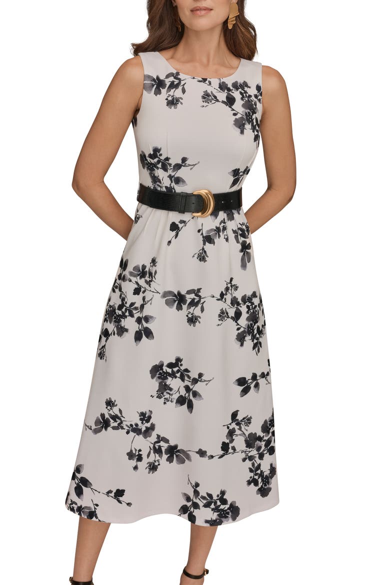 Belted Floral Print Midi Dress, Alternate, color, CREAM/ BLACK MULTI