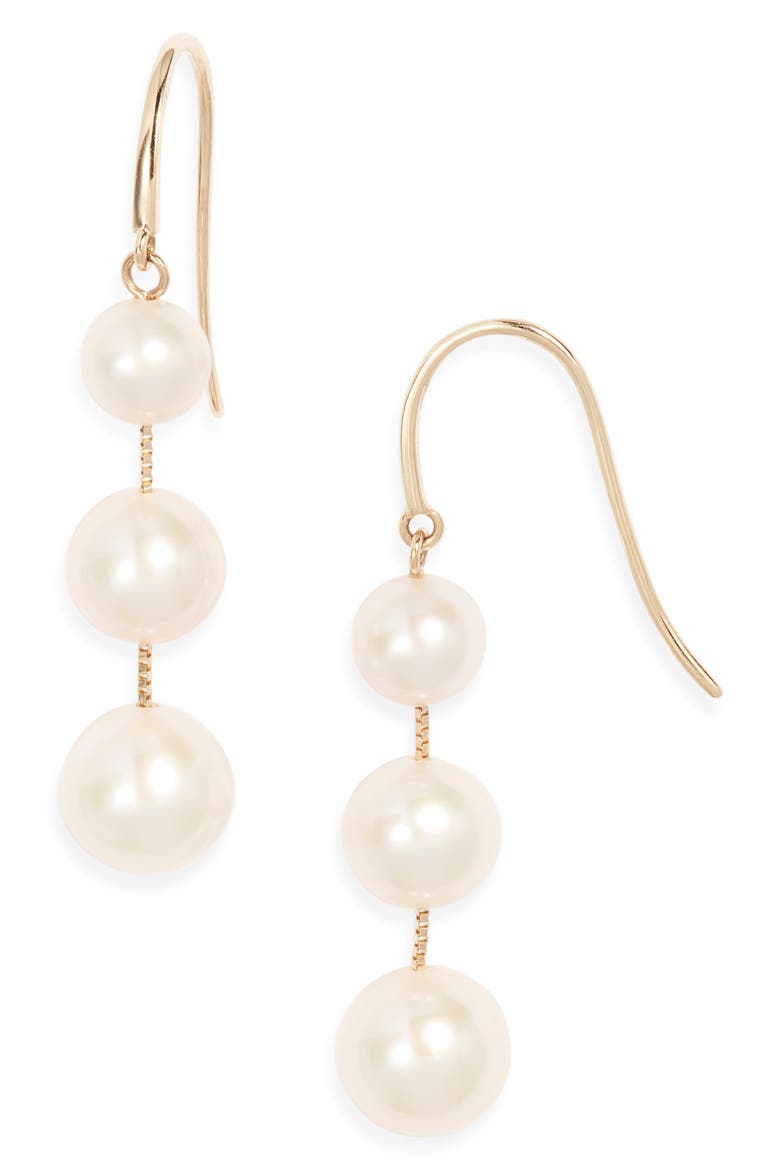 Freshwater Pearl Triple Drop Earrings, Main, color, WHITE- 14K YELLOW GOLD