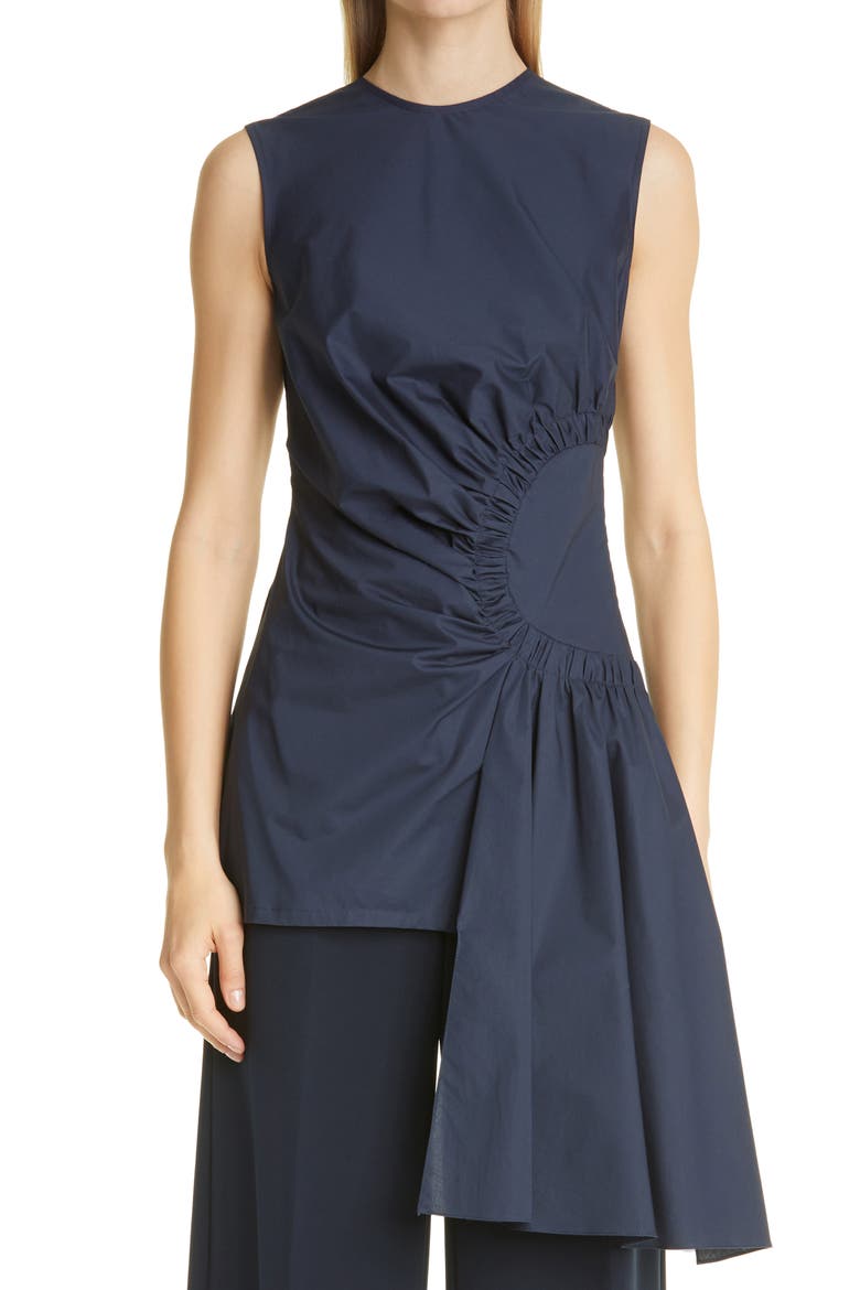 Asymmetrical Ruched Poplin Top, Main, color, NAVY