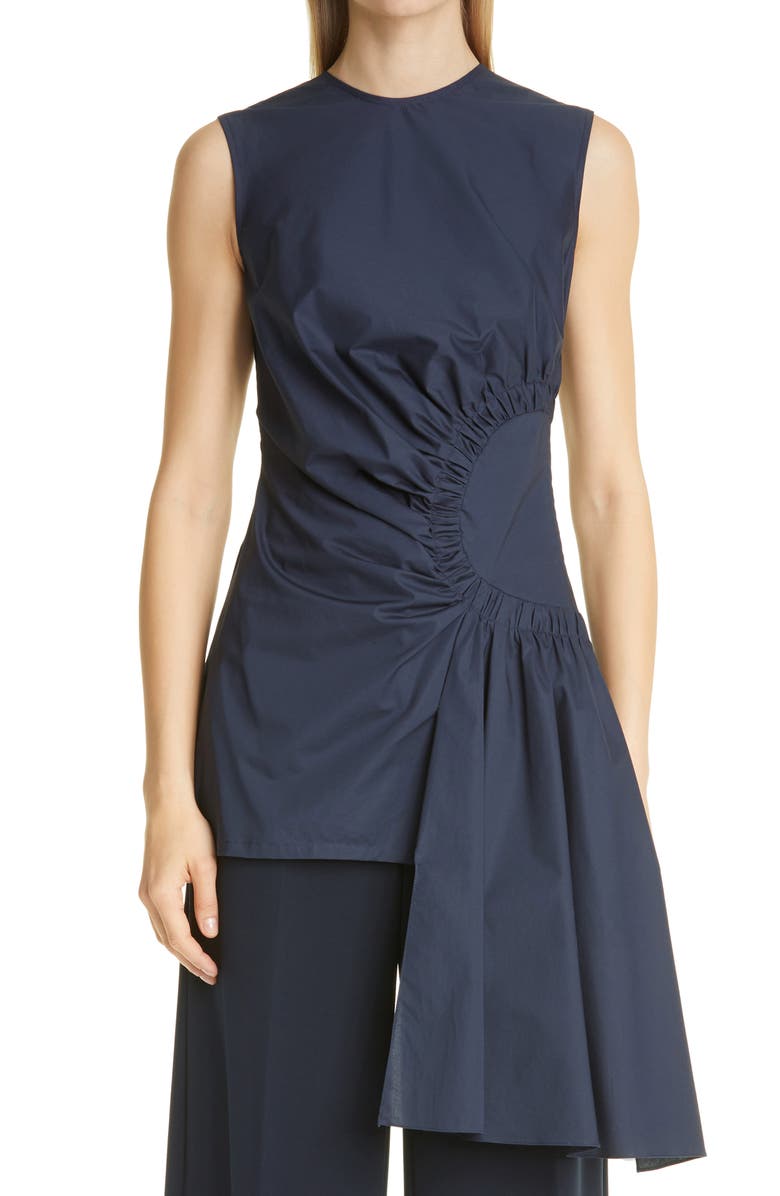 Lela Rose Asymmetrical Ruched Poplin Top, Main, color,