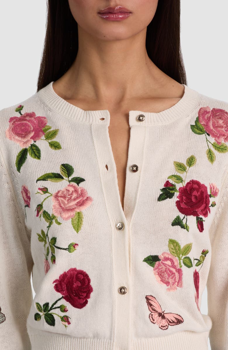 Alice + Olivia Dollie Embroidered Cotton & Linen Blend Cardigan, Alternate, color, Garden Gossip Off White